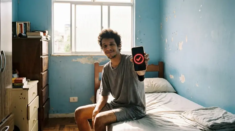 Rapaz sorrindo na cama de manhã, mostrando no celular a missão concluída