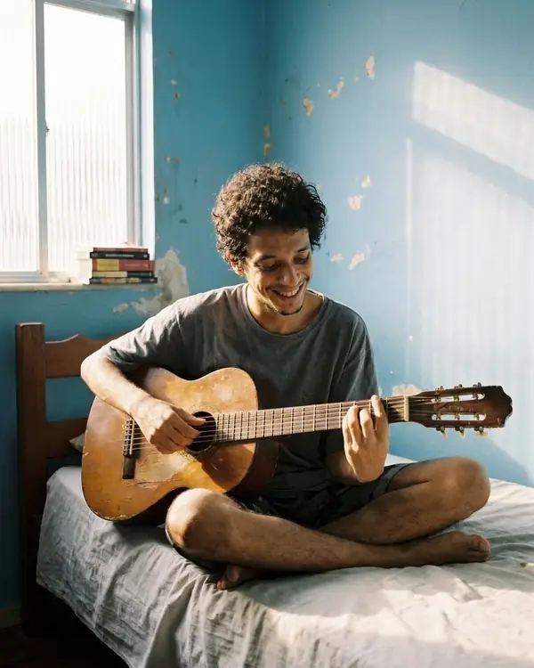 Rapaz tocando violão na cama, sorrindo