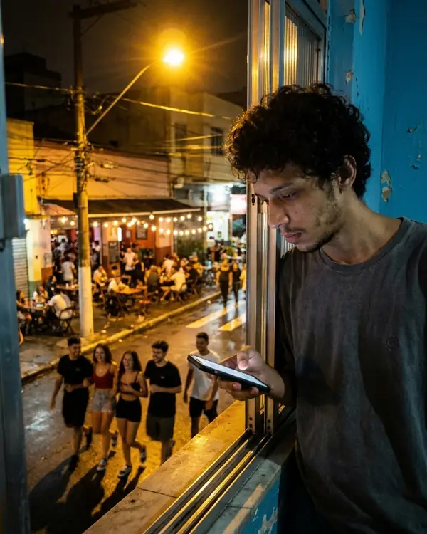 Rapaz na janela à noite, com gente saindo na rua