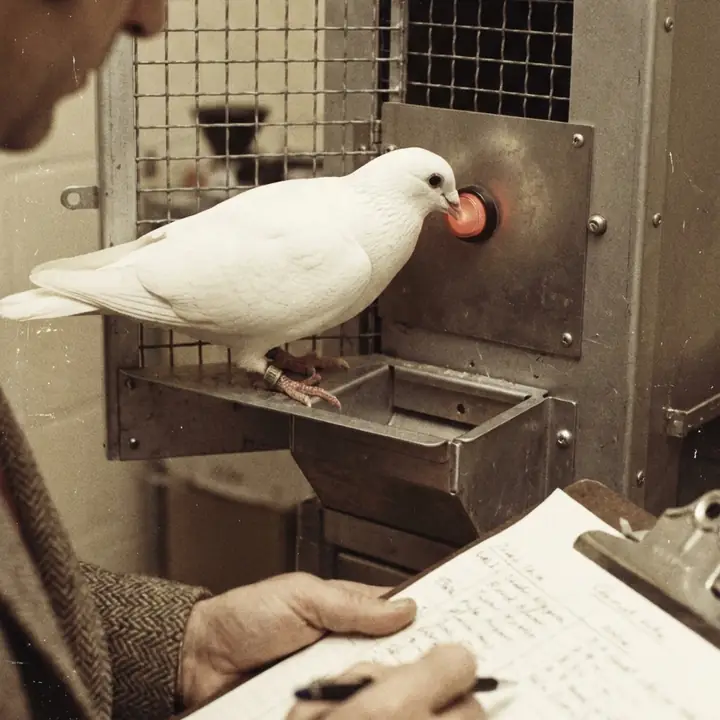 Pombo bicando uma tecla iluminada numa caixa de laboratório, com um cientista anotando